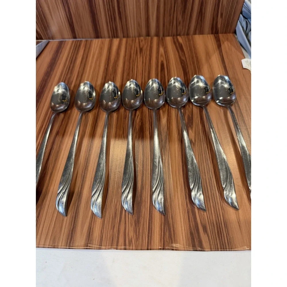 Lot 8 Vintage Stainless Steel Japan Swirl Flame Pattern Teaspoons Flatware